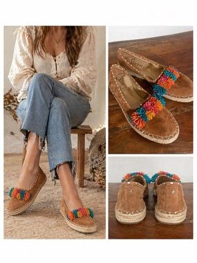 Sam Edelman Tan Espadrille Flats with Multicolor Pom-Poms